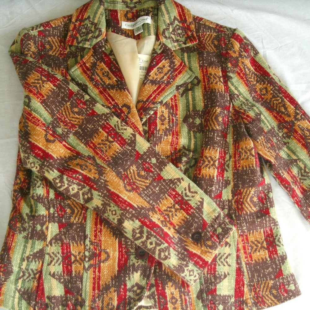 Coldwater Creek Jacket Southwestern Aztec Tapestry Blazer Tan Green Red 8 Petite